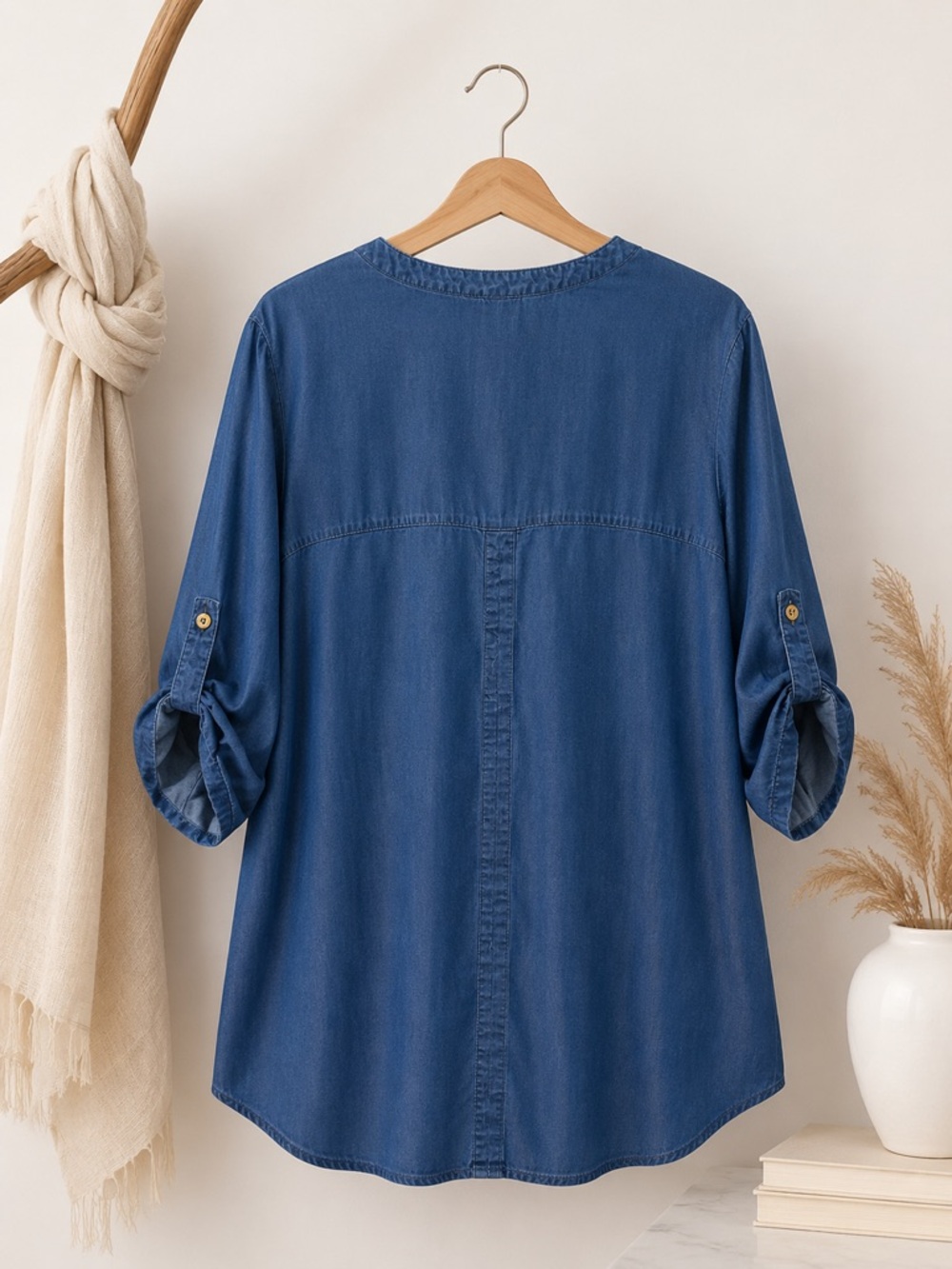 Ellen Tracy XL 100% Tencel Lyocell Chambray Zip Front Roll Tab Sleeve Blouse - Picture 3 of 4